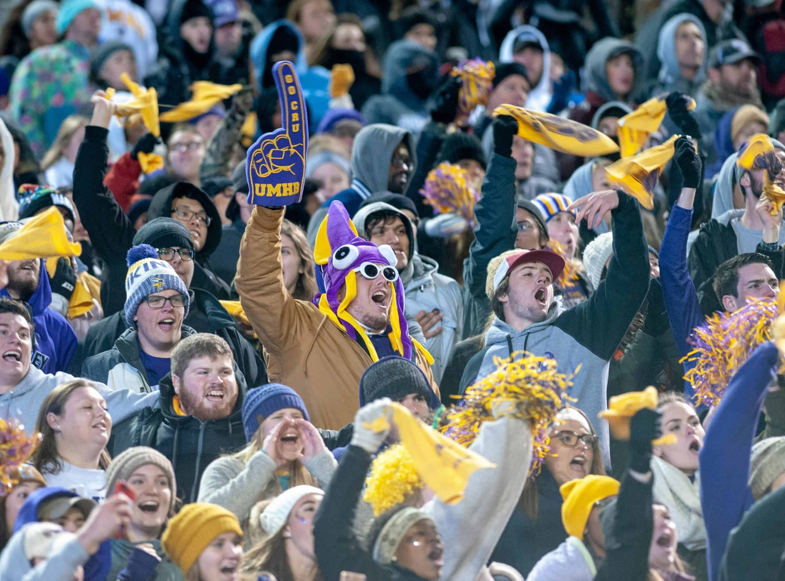 A lively crowd of sports fans enthusiastically cheering with foam fingers and team colors.